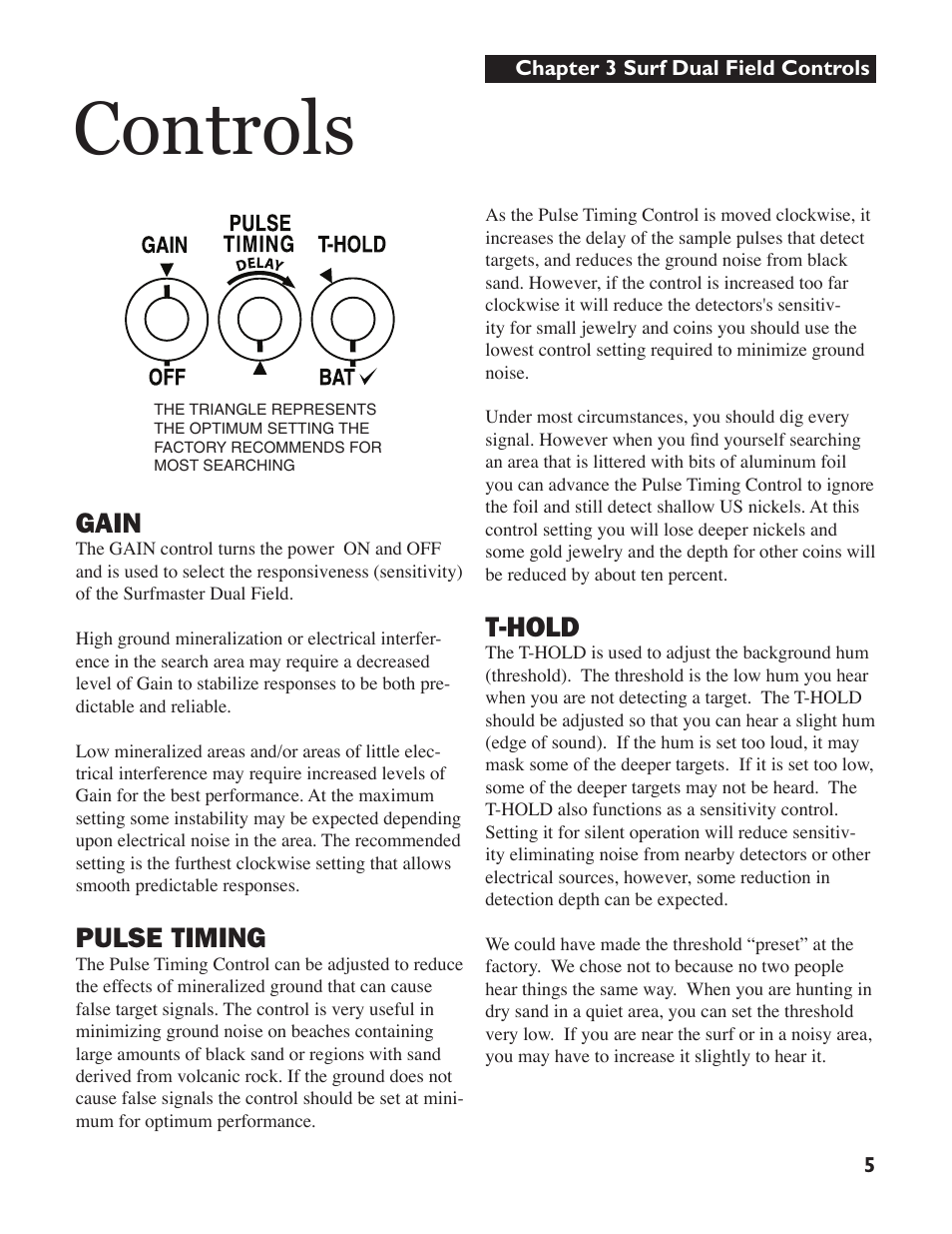 Controls, T-hold, Gain | Pulse timing | White’s Electronics Surfmaster DualField User Manual | Page 5 / 16