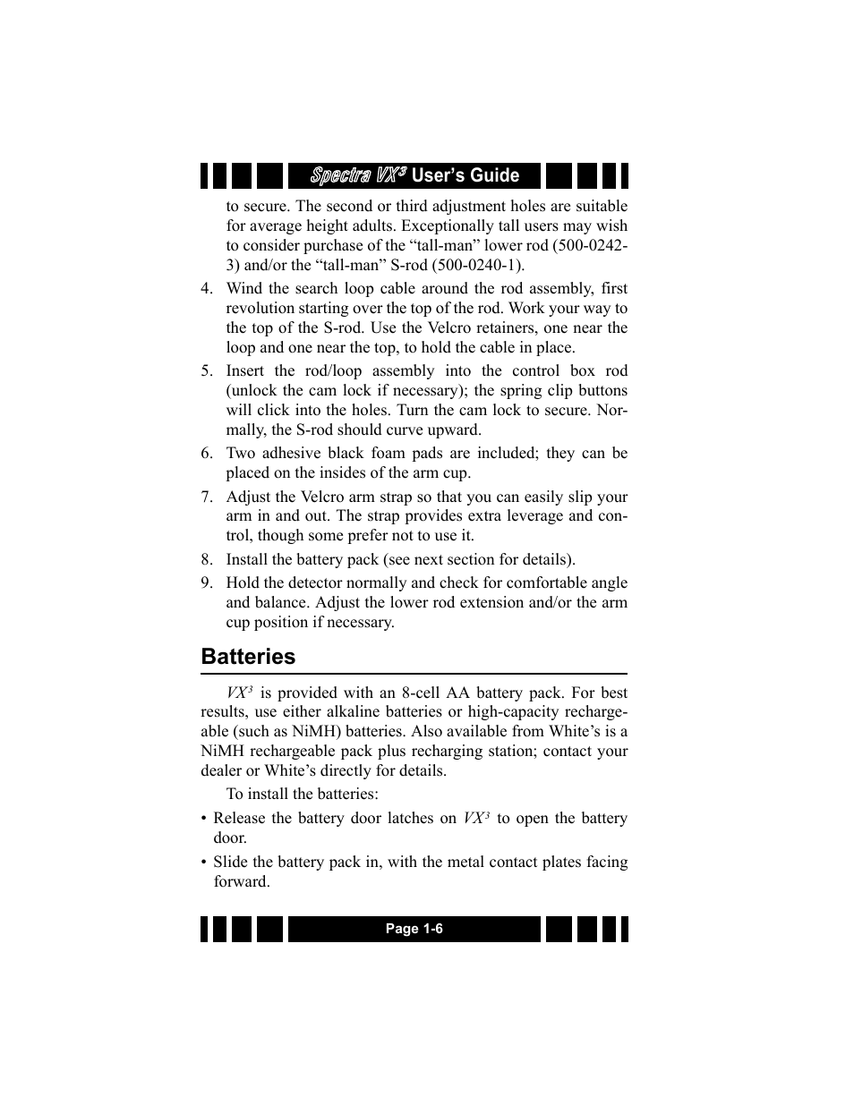 Batteries, Batteries -6, Spectra vx | White’s Electronics Spectra VX3 User Manual | Page 12 / 88