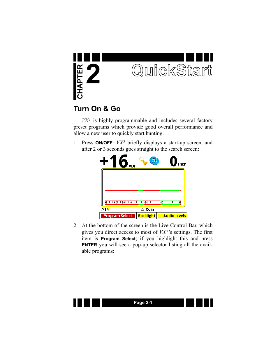 Quickstart, Turn on & go | White’s Electronics Spectra VX3 User Manual | Page 19 / 88