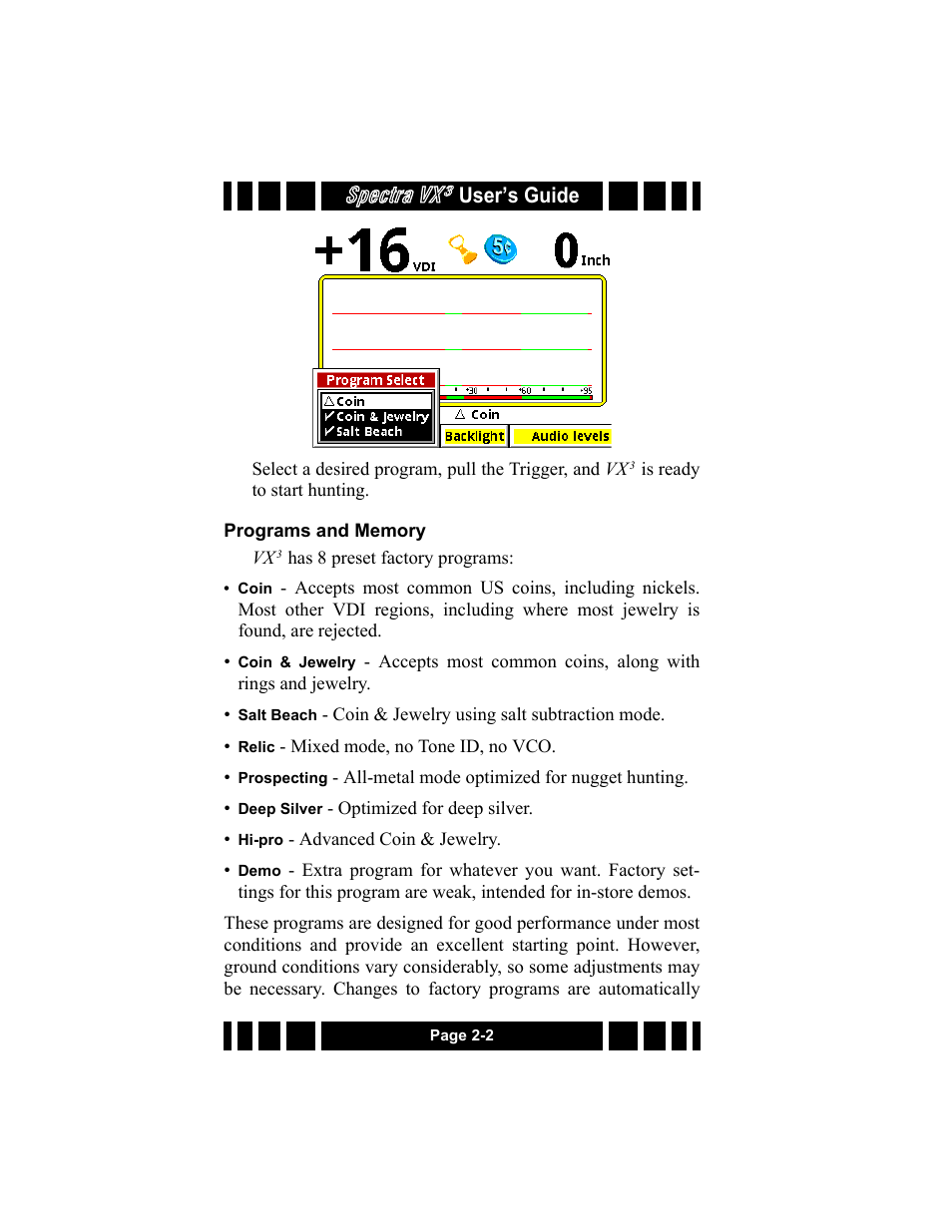 Programs and memory, Programs and memory -2, Spectra vx | User’s guide | White’s Electronics Spectra VX3 User Manual | Page 20 / 88