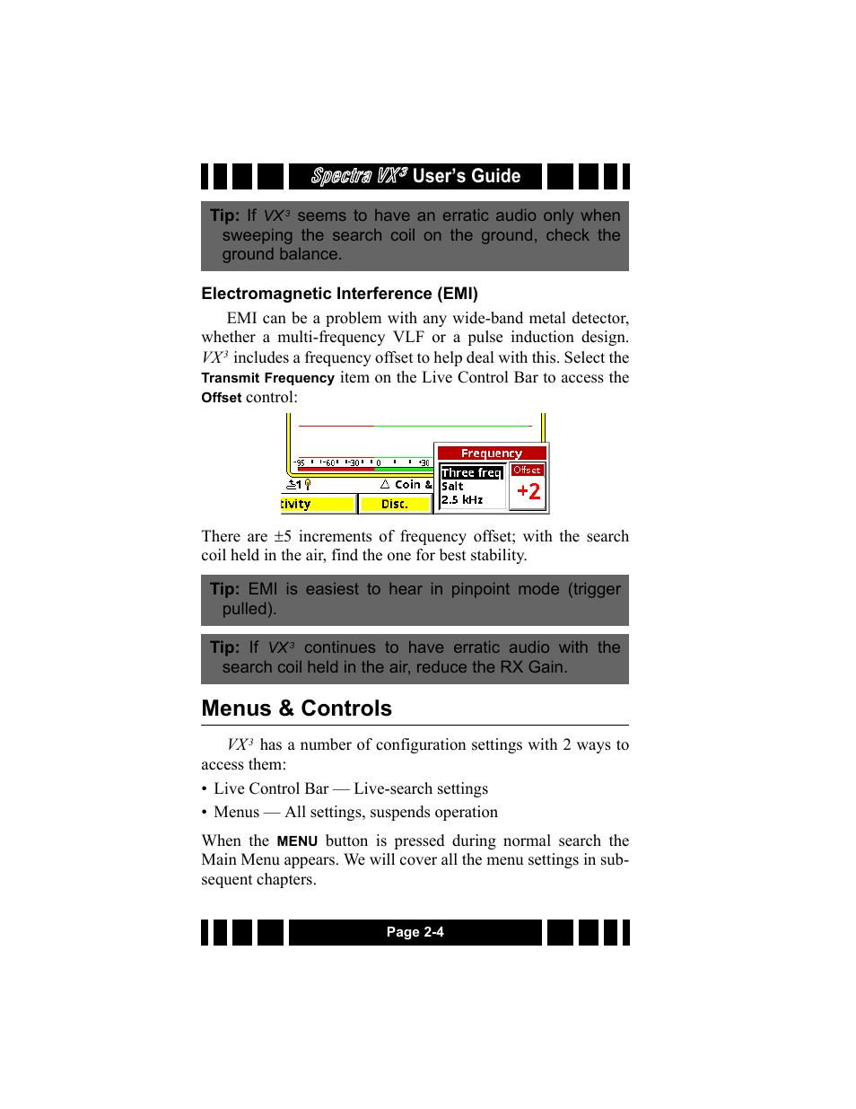 Electromagnetic interference (emi), Menus & controls, Electromagnetic interference (emi) -4 | Menus & controls -4, Spectra vx, User’s guide | White’s Electronics Spectra VX3 User Manual | Page 22 / 88