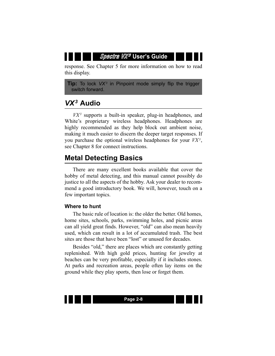 Vx3 audio, Metal detecting basics, Where to hunt | Audio, Spectra vx | White’s Electronics Spectra VX3 User Manual | Page 26 / 88