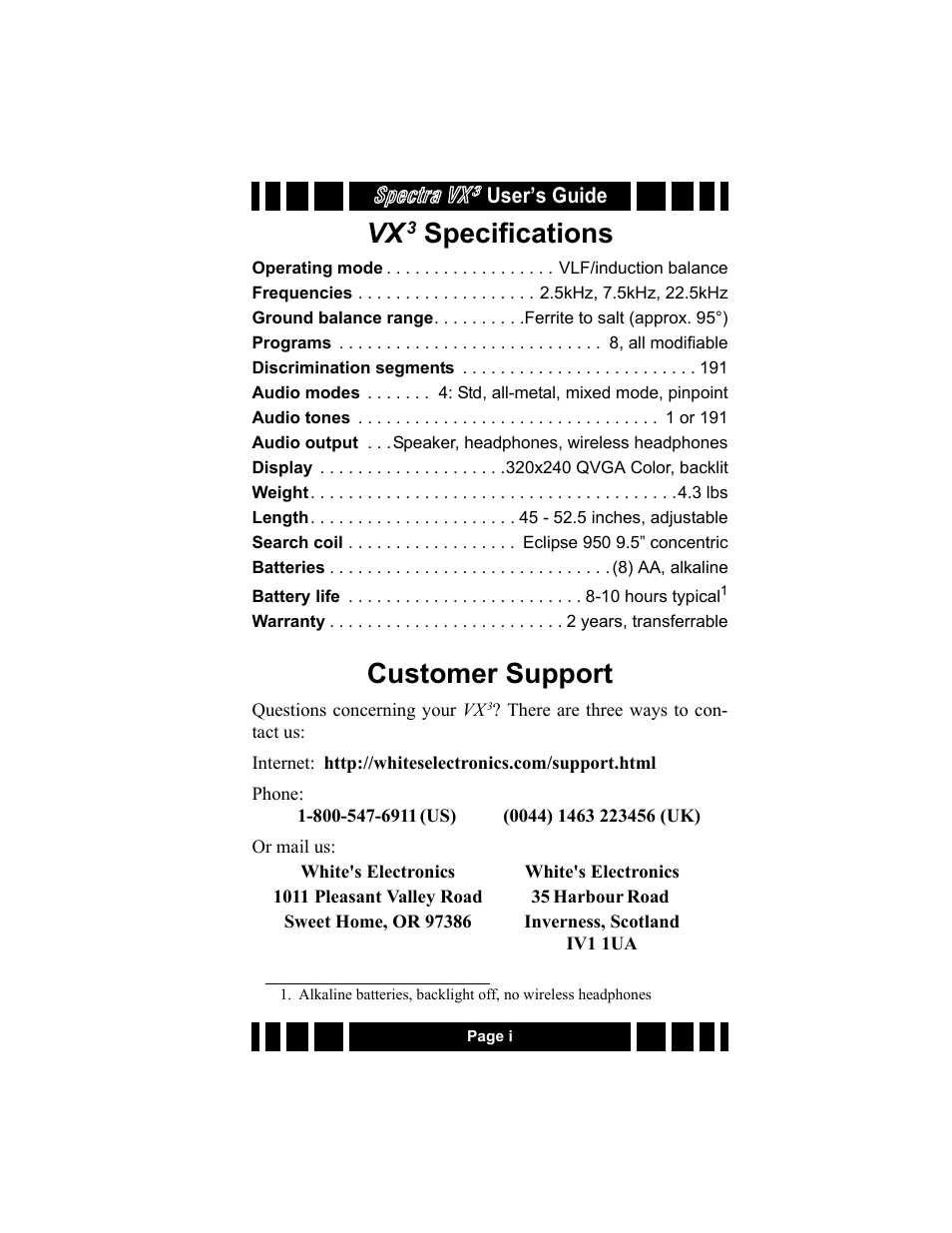 Vx3 specifications, Customer support, Specifications | Spectra vx | White’s Electronics Spectra VX3 User Manual | Page 3 / 88