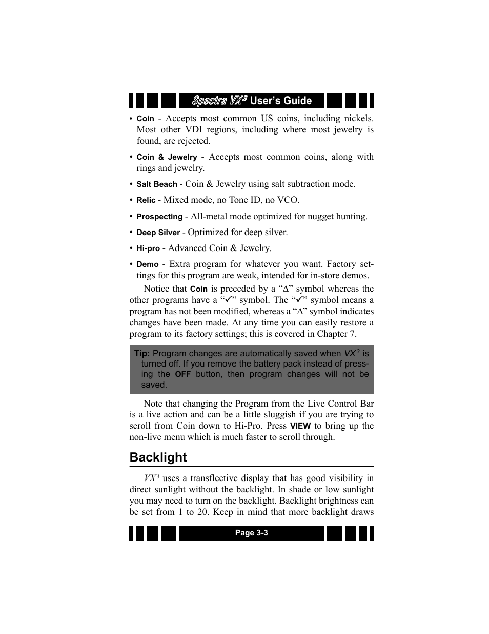 Backlight, Backlight -3, Spectra vx | User’s guide | White’s Electronics Spectra VX3 User Manual | Page 31 / 88