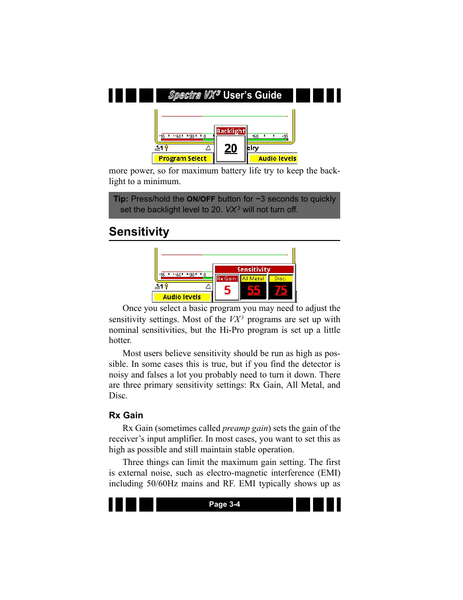 Sensitivity, Rx gain, Sensitivity -4 | Rx gain -4, Spectra vx | White’s Electronics Spectra VX3 User Manual | Page 32 / 88