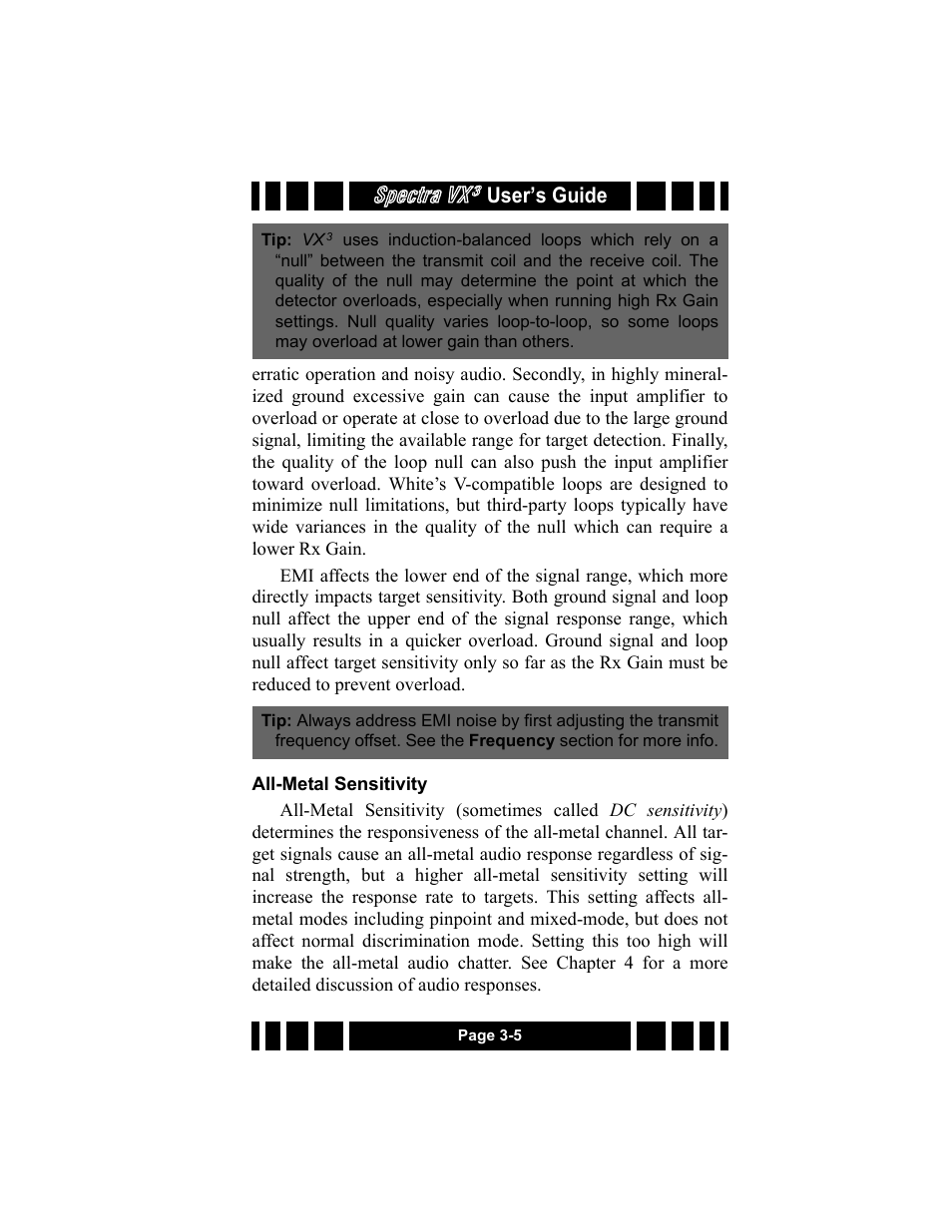 All-metal sensitivity, All-metal sensitivity -5, Spectra vx | White’s Electronics Spectra VX3 User Manual | Page 33 / 88