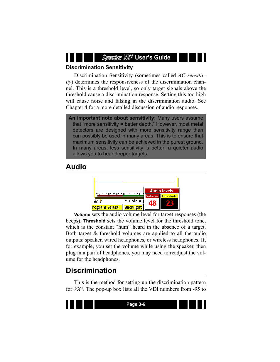 Discrimination sensitivity, Audio, Discrimination | Discrimination sensitivity -6, Audio -6 discrimination -6, Spectra vx | White’s Electronics Spectra VX3 User Manual | Page 34 / 88