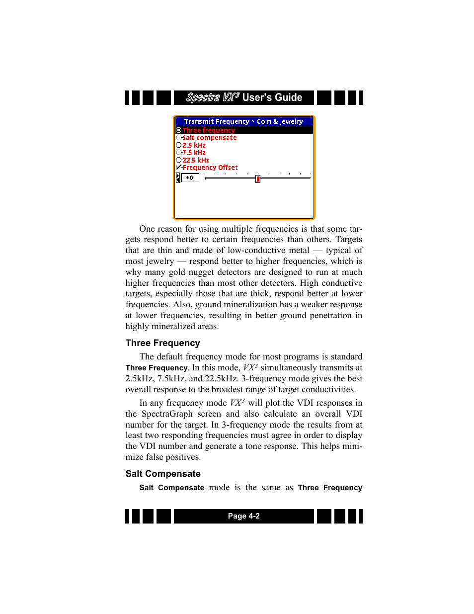 Three frequency, Salt compensate, Three frequency -2 salt compensate -2 | Spectra vx, User’s guide | White’s Electronics Spectra VX3 User Manual | Page 39 / 88