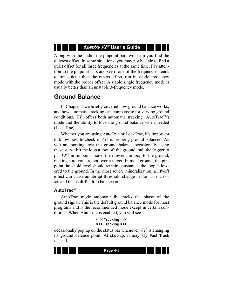 Ground balance, Autotrac, Ground balance -5 | Autotrac -5, Spectra vx, User’s guide | White’s Electronics Spectra VX3 User Manual | Page 42 / 88