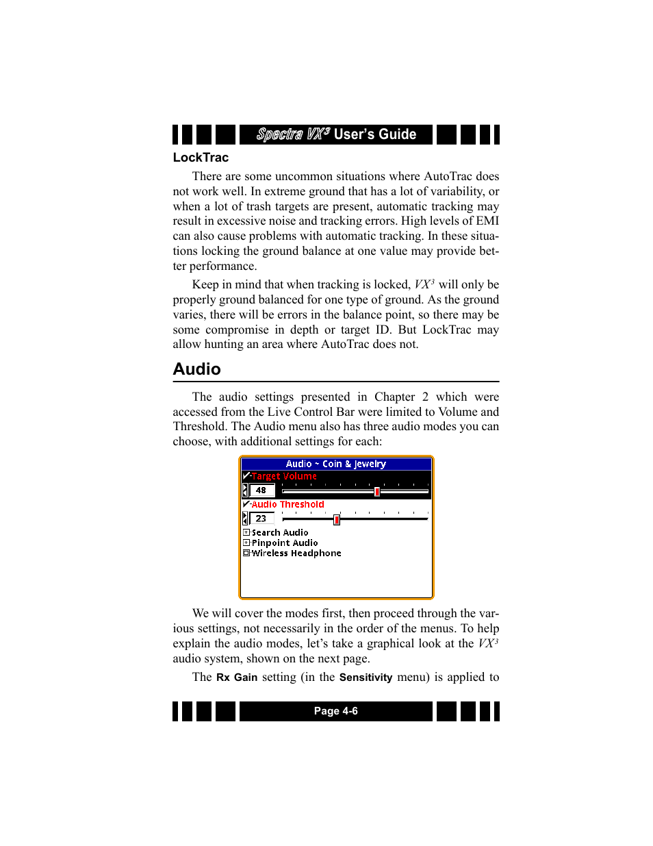 Locktrac, Audio, Locktrac -6 | Audio -6, Spectra vx | White’s Electronics Spectra VX3 User Manual | Page 43 / 88