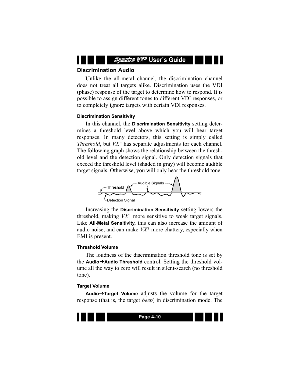 Discrimination audio, Discrimination sensitivity, Threshold volume | Target volume, Discrimination audio -10, Spectra vx, User’s guide | White’s Electronics Spectra VX3 User Manual | Page 47 / 88