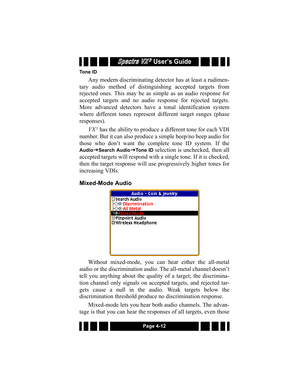 Tone id, Mixed-mode audio, Mixed-mode audio -12 | Spectra vx, User’s guide | White’s Electronics Spectra VX3 User Manual | Page 49 / 88