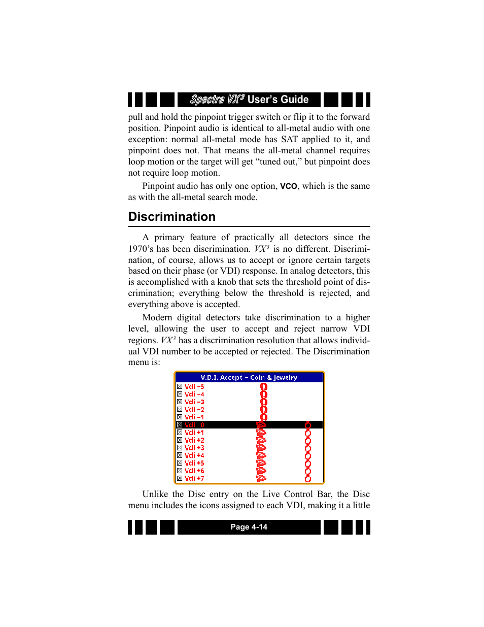 Discrimination, Discrimination -14, Spectra vx | White’s Electronics Spectra VX3 User Manual | Page 51 / 88