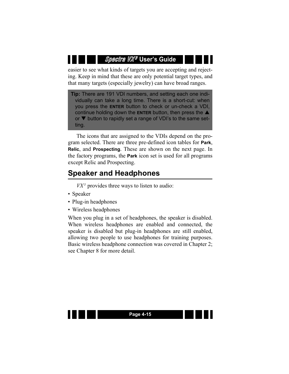 Speaker and headphones, Speaker and headphones -15, Spectra vx | User’s guide | White’s Electronics Spectra VX3 User Manual | Page 52 / 88