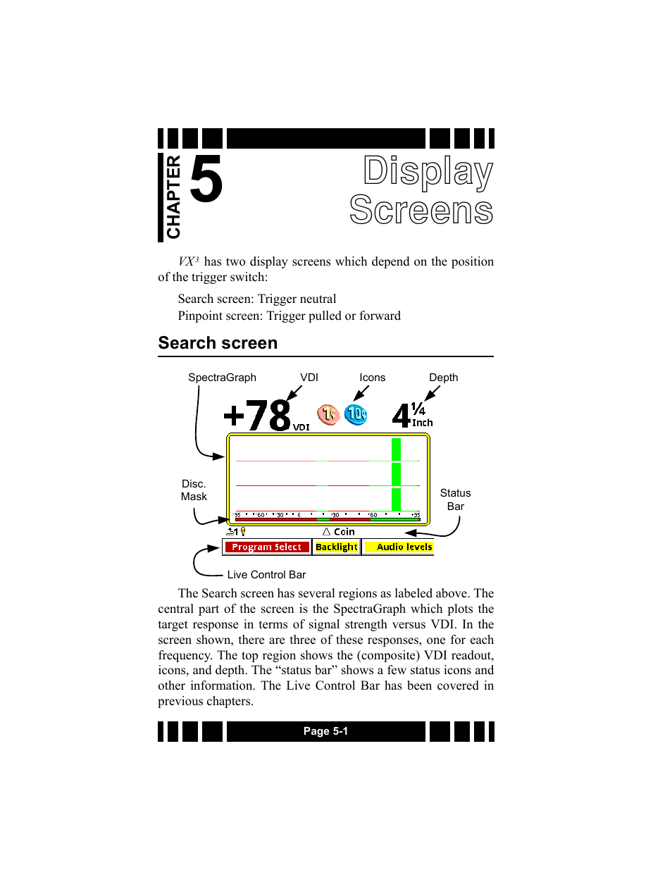 Display screens, Search screen, Search screen -1 | White’s Electronics Spectra VX3 User Manual | Page 54 / 88