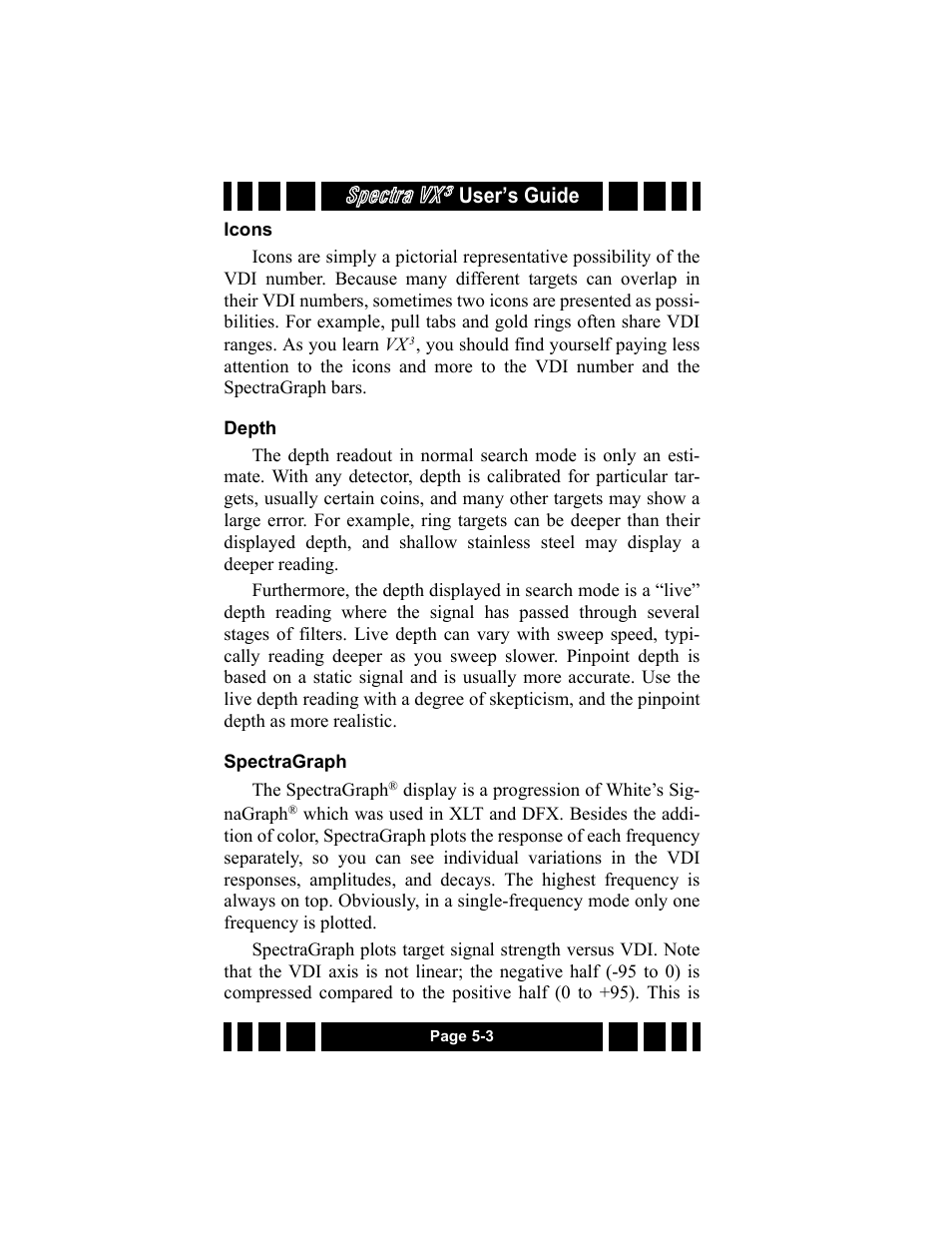 Icons, Depth, Spectragraph | Icons -3 depth -3 spectragraph -3, Spectra vx, User’s guide | White’s Electronics Spectra VX3 User Manual | Page 56 / 88