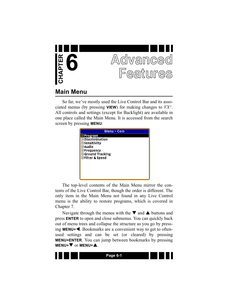 Advanced features, Main menu, Main menu -1 | White’s Electronics Spectra VX3 User Manual | Page 64 / 88