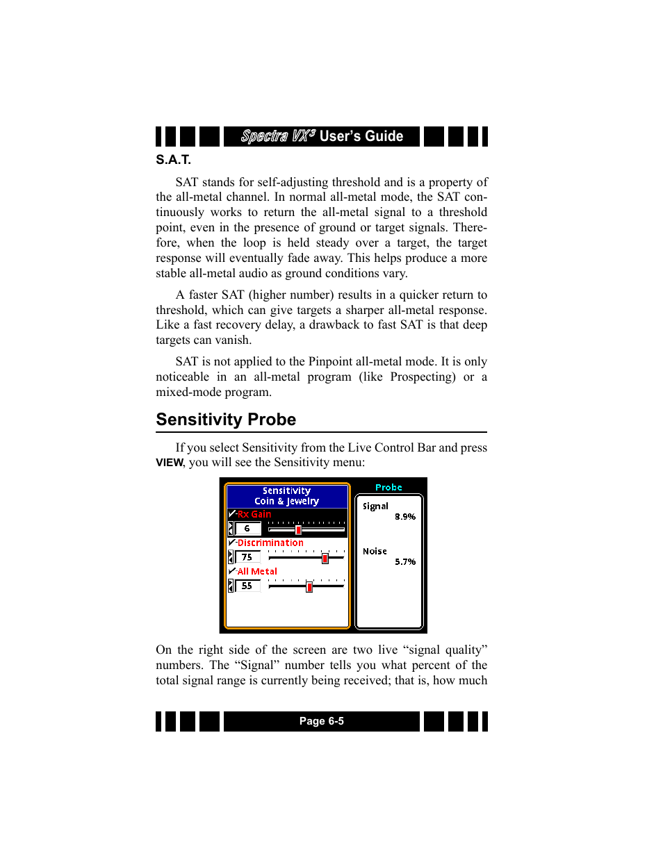 S.a.t, Sensitivity probe, Sat -5 | Sensitivity probe -5, Spectra vx | White’s Electronics Spectra VX3 User Manual | Page 68 / 88