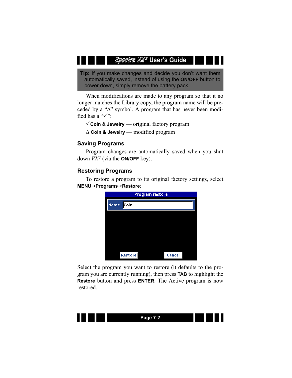 Saving programs, Restoring programs, Saving programs -2 restoring programs -2 | Spectra vx, User’s guide | White’s Electronics Spectra VX3 User Manual | Page 73 / 88