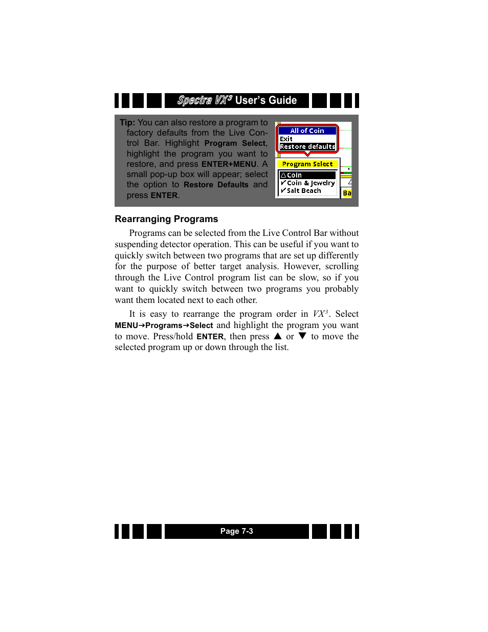 Rearranging programs, Rearranging programs -3, Spectra vx | User’s guide | White’s Electronics Spectra VX3 User Manual | Page 74 / 88