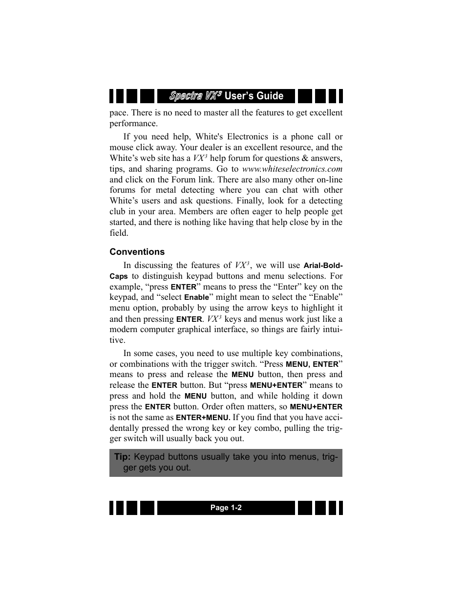 Conventions, Assembly, Spectra vx | User’s guide | White’s Electronics Spectra VX3 User Manual | Page 8 / 88