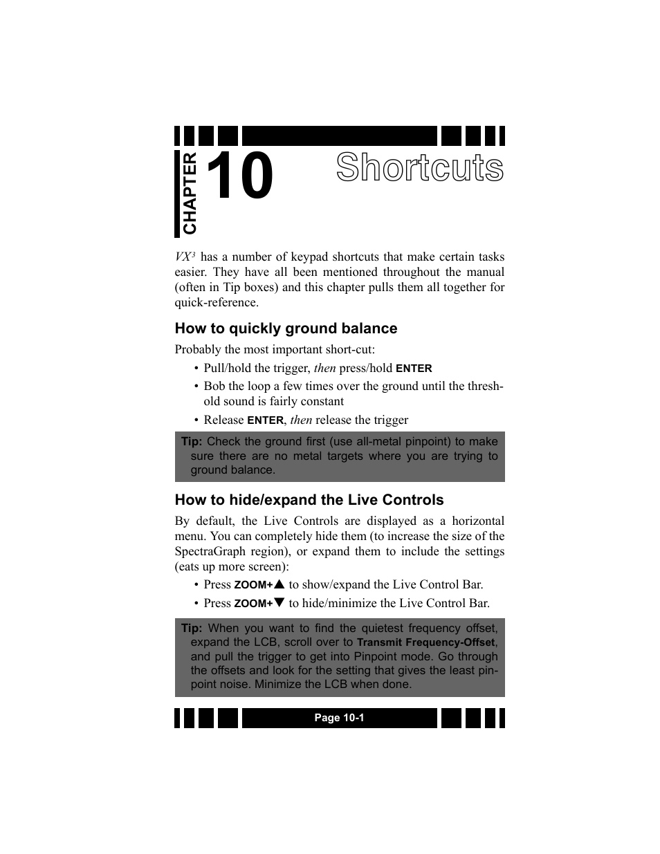 Shortcuts, How to quickly ground balance, How to hide/expand the live controls | White’s Electronics Spectra VX3 User Manual | Page 83 / 88