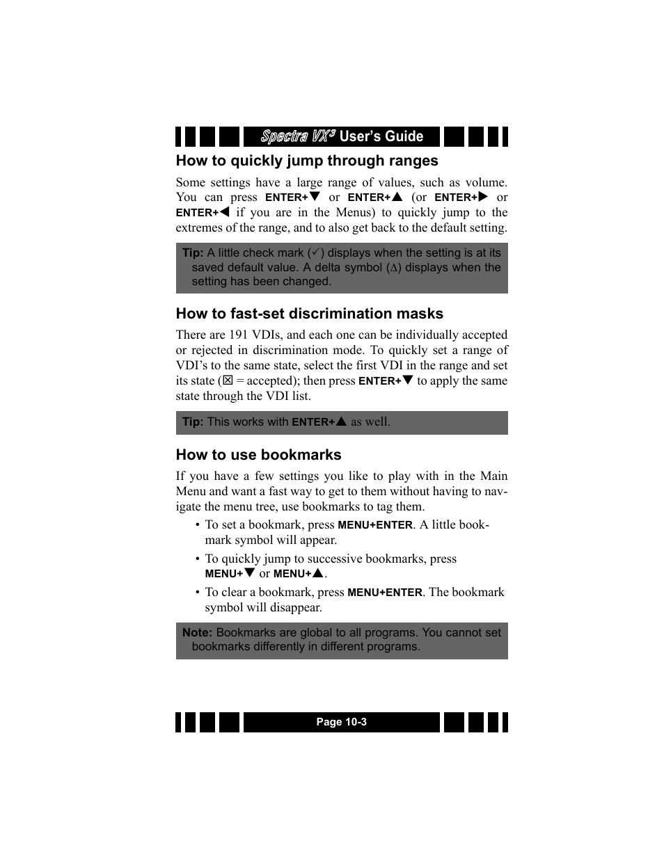 How to quickly jump through ranges, How to fast-set discrimination masks, How to use bookmarks | Spectra vx, User’s guide how to quickly jump through ranges | White’s Electronics Spectra VX3 User Manual | Page 85 / 88