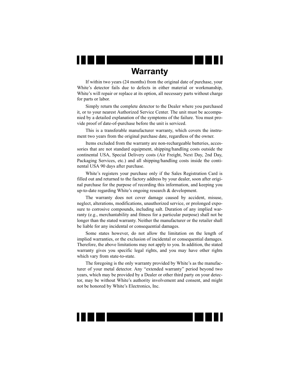 Warranty | White’s Electronics Spectra VX3 User Manual | Page 87 / 88