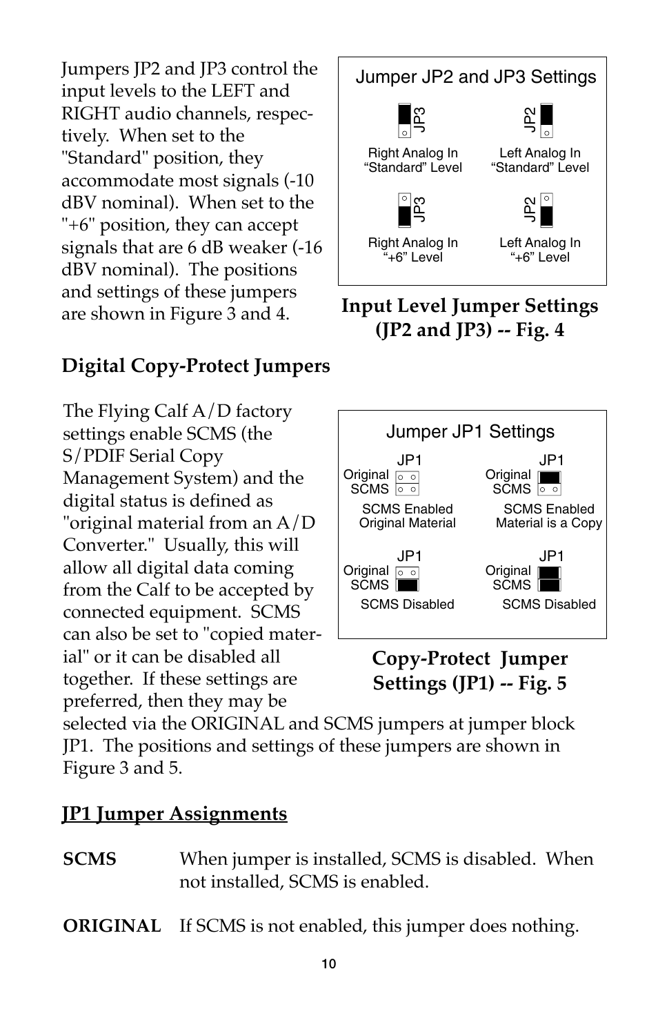 Digital copy-protect jumpers, Jp1 jumper assignments, Jumper jp1 settings | Jumper jp2 and jp3 settings | M-AUDIO Flying Calf User Manual | Page 10 / 12