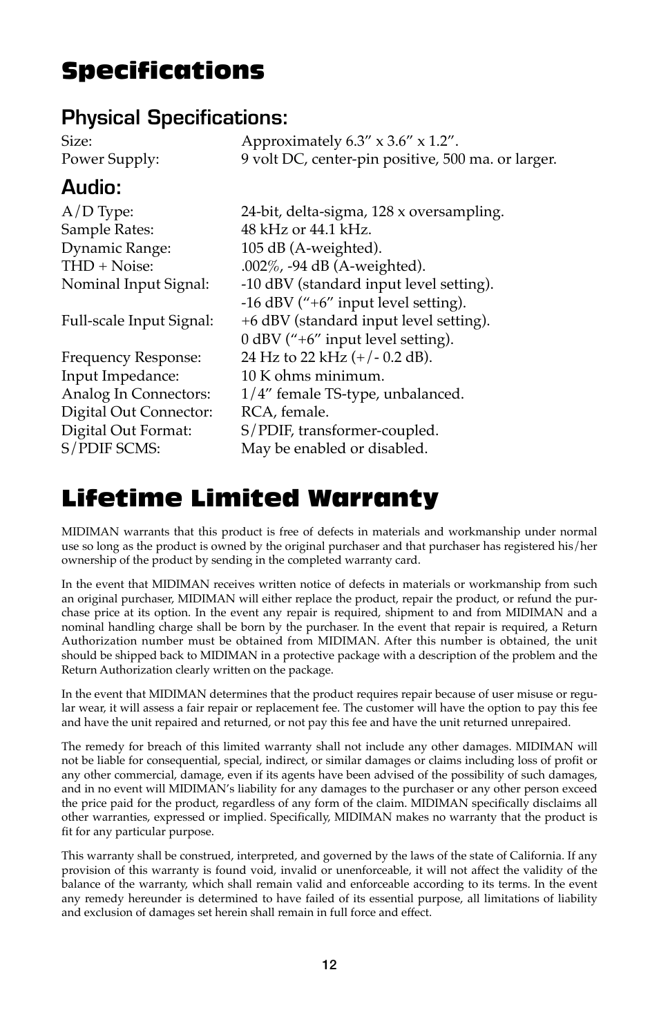 Specifications, Lifetime limited warranty, Physical specifications | Audio | M-AUDIO Flying Calf User Manual | Page 12 / 12