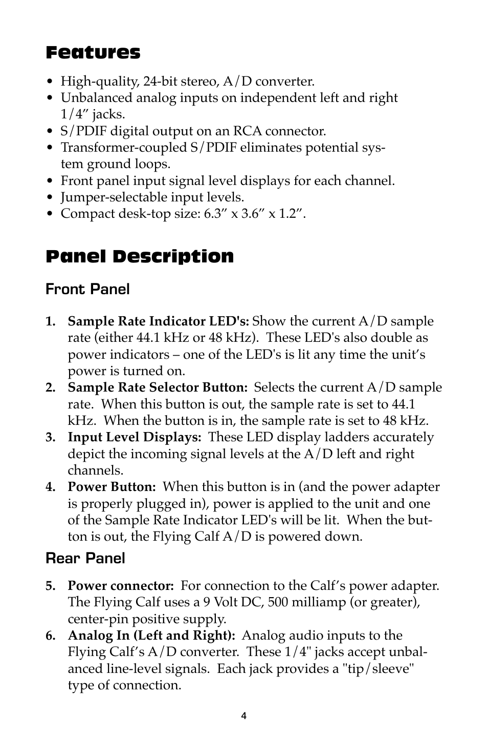 Features, Panel description | M-AUDIO Flying Calf User Manual | Page 4 / 12