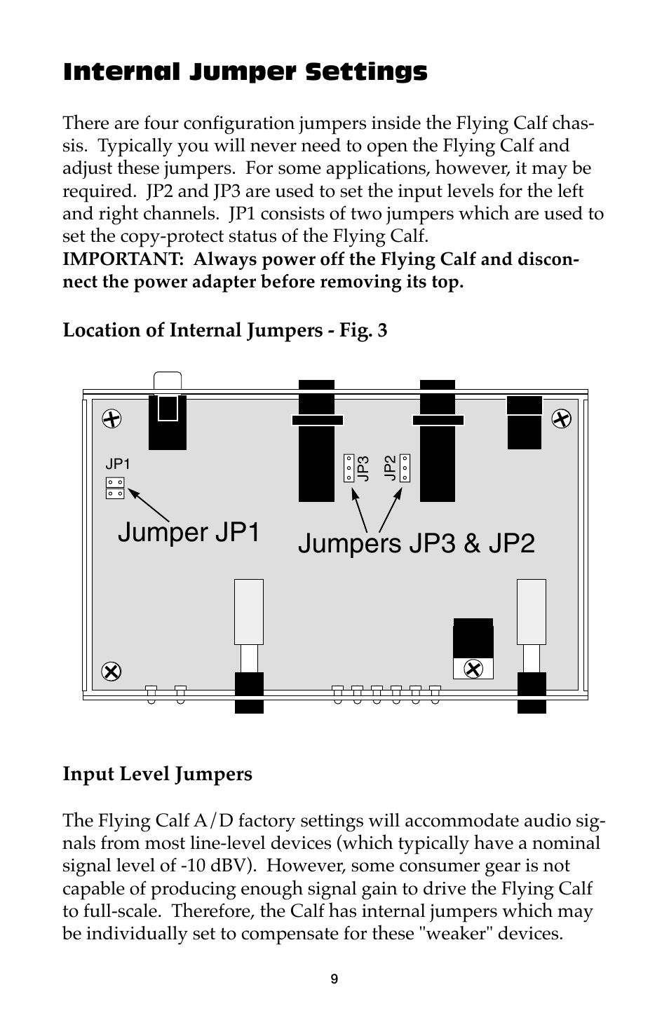 Jumpers jp3 & jp2 jumper jp1, Internal jumper settings | M-AUDIO Flying Calf User Manual | Page 9 / 12