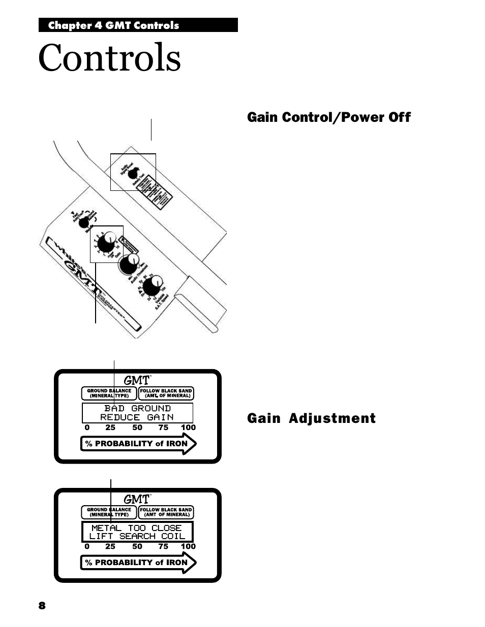 Controls, Gain control/power off, Gain adjustment | White’s Electronics Goldmaster GMT User Manual | Page 10 / 30