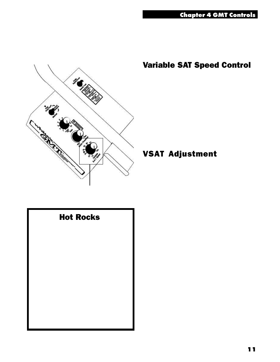 Variable sat speed control, Vsat adjustment, Hot rocks | White’s Electronics Goldmaster GMT User Manual | Page 13 / 30