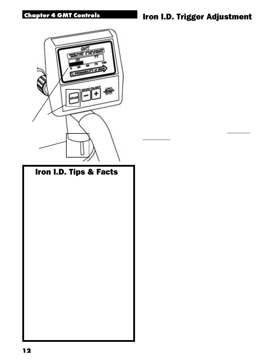 Iron i.d. trigger adjustment, Iron i.d. tips & facts | White’s Electronics Goldmaster GMT User Manual | Page 14 / 30