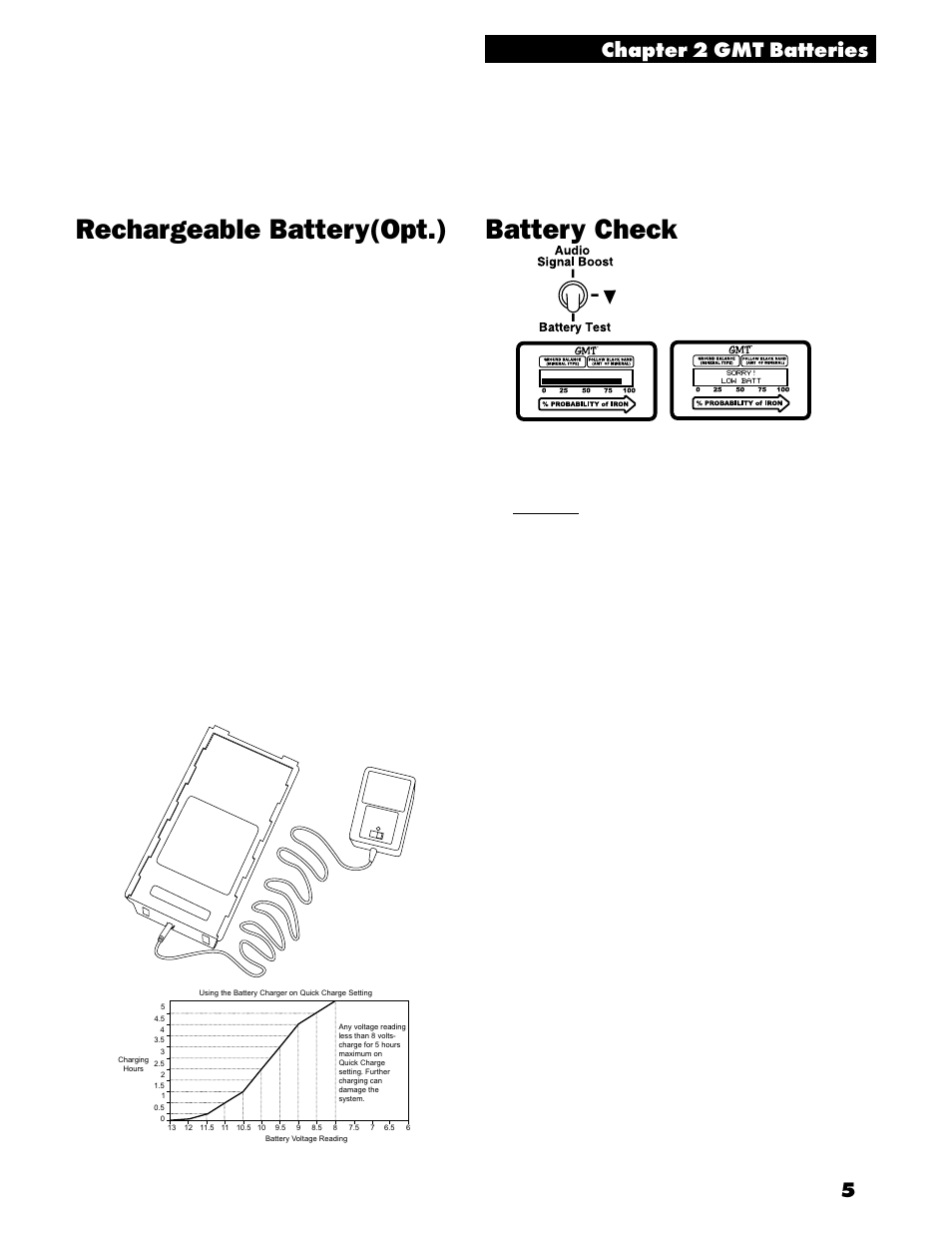 Battery check, Rechargeable battery(opt.), 5chapter 2 gmt batteries | White’s Electronics Goldmaster GMT User Manual | Page 7 / 30