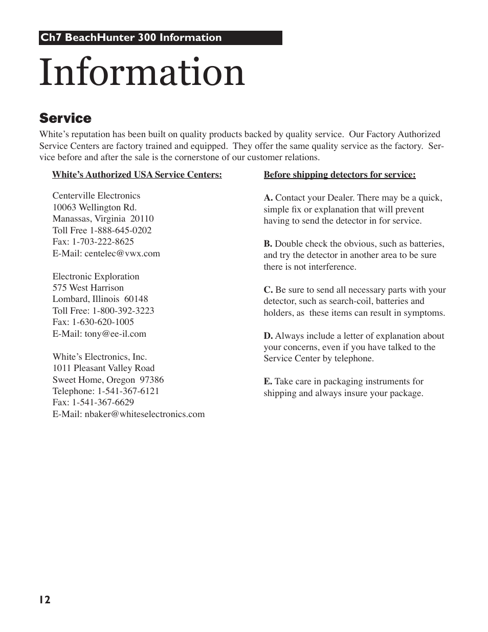 Information, Service | White’s Electronics Beach Hunter 300 User Manual | Page 12 / 16