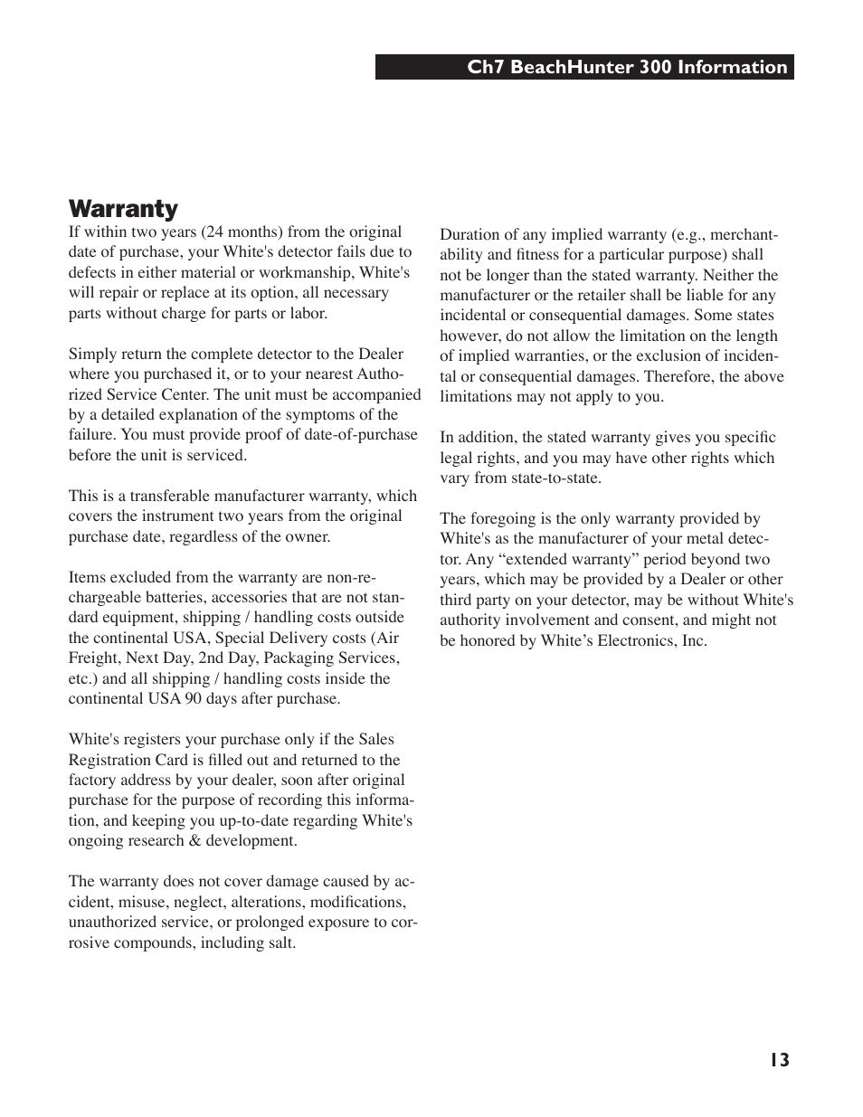 Warranty | White’s Electronics Beach Hunter 300 User Manual | Page 13 / 16