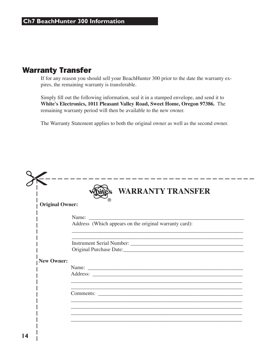 Warranty transfer | White’s Electronics Beach Hunter 300 User Manual | Page 14 / 16