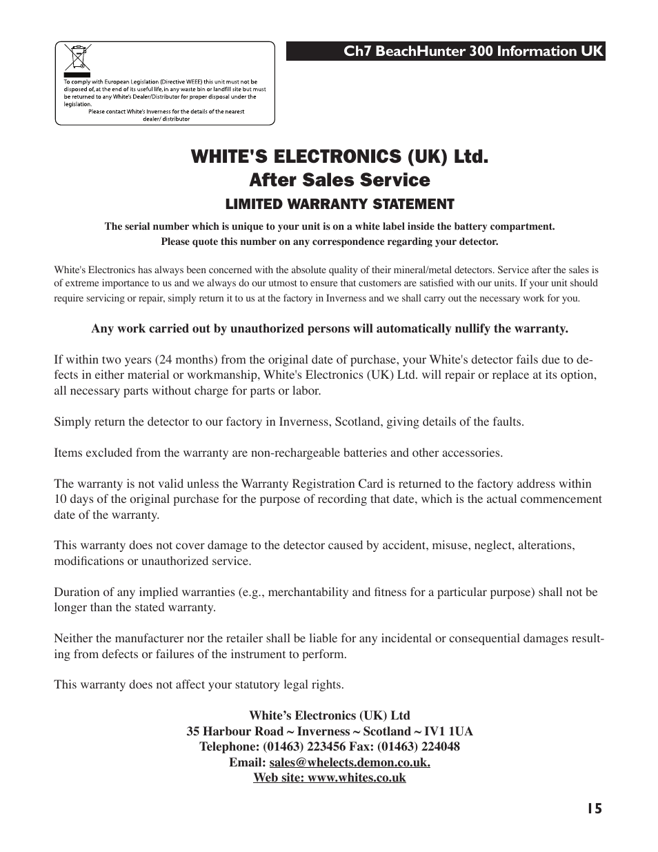 White's electronics (uk) ltd. after sales service | White’s Electronics Beach Hunter 300 User Manual | Page 15 / 16