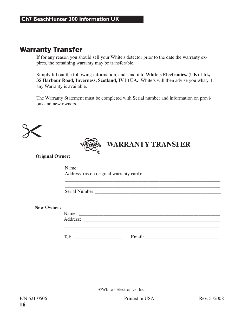 Warranty transfer | White’s Electronics Beach Hunter 300 User Manual | Page 16 / 16