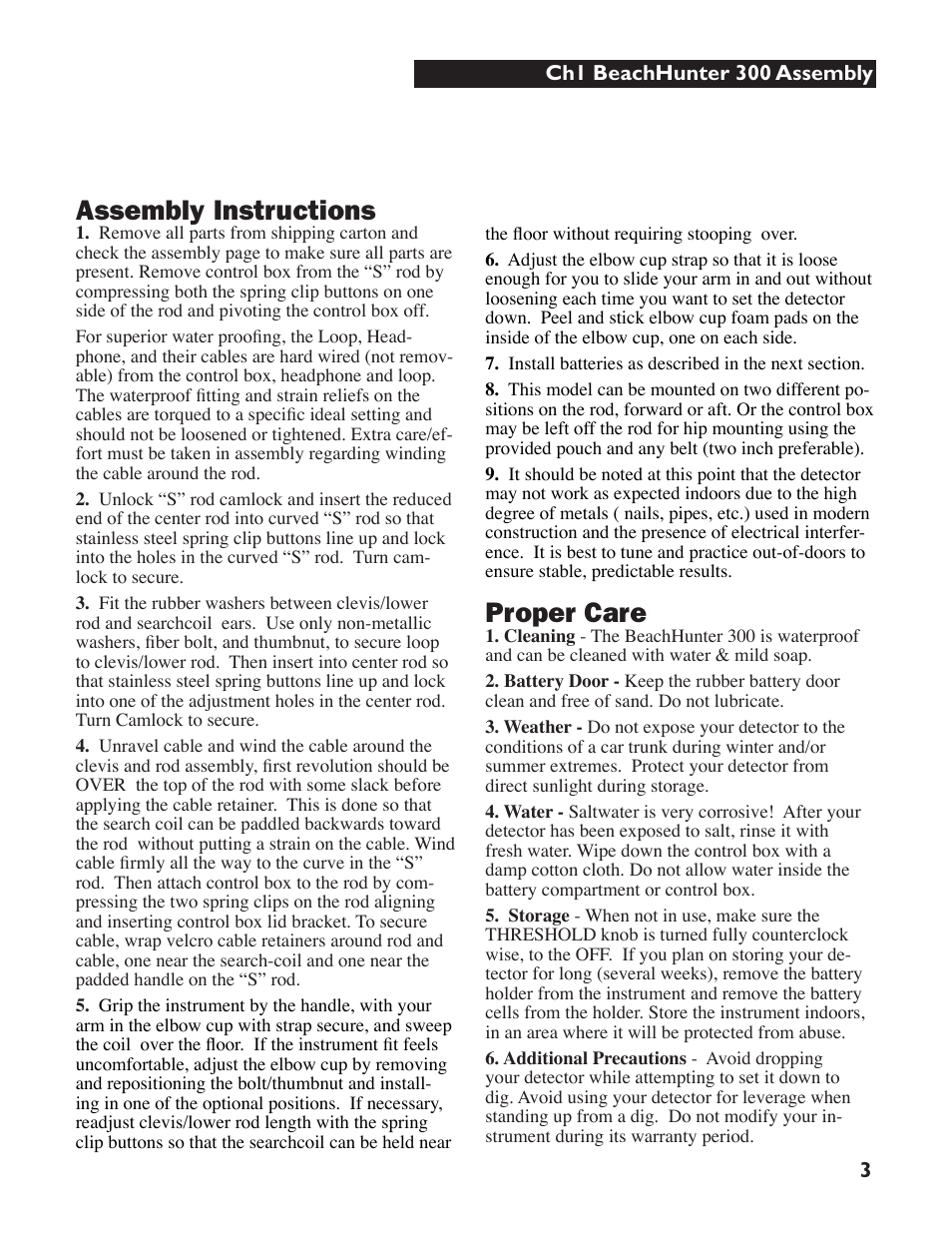 Assembly instructions, Proper care | White’s Electronics Beach Hunter 300 User Manual | Page 3 / 16