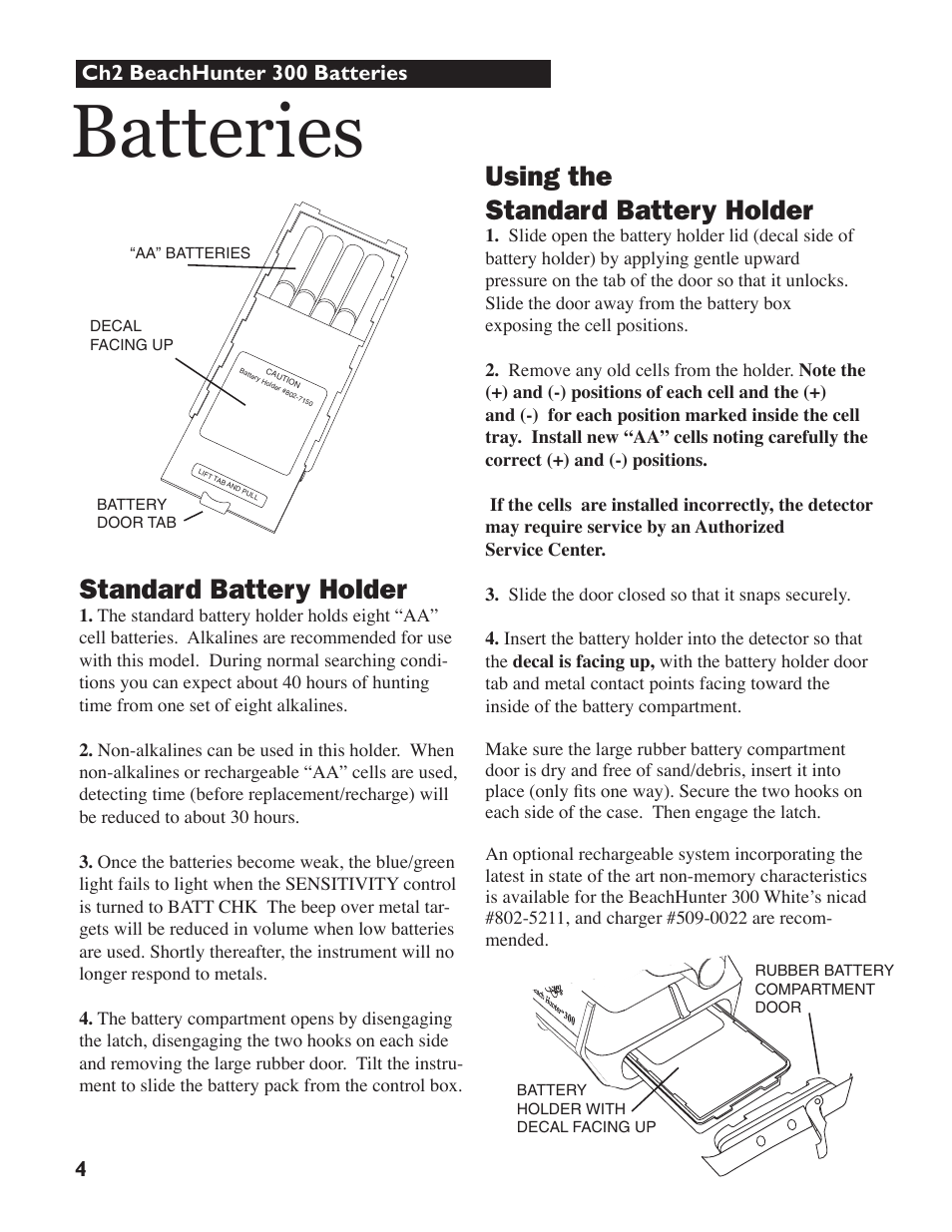 Batteries, Using the standard battery holder, Standard battery holder | White’s Electronics Beach Hunter 300 User Manual | Page 4 / 16