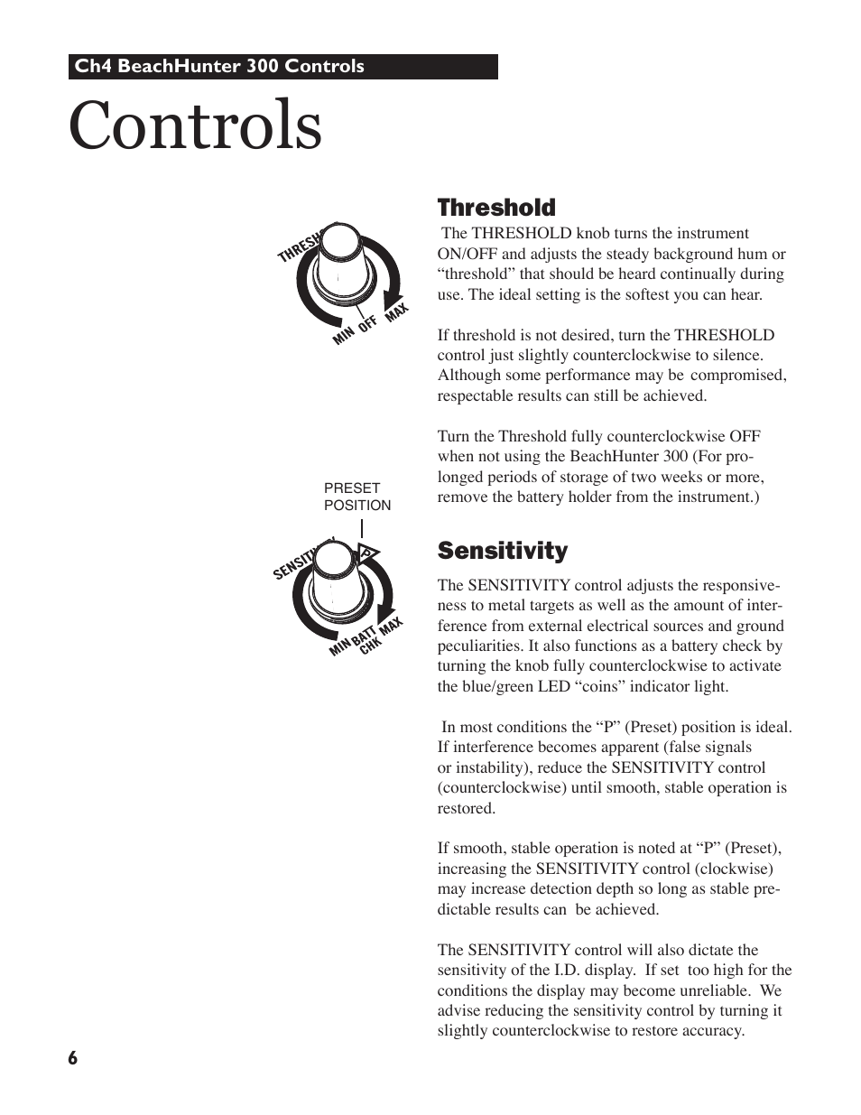 Controls, Threshold, Sensitivity | White’s Electronics Beach Hunter 300 User Manual | Page 6 / 16