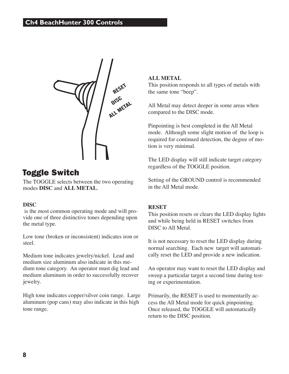 Toggle switch | White’s Electronics Beach Hunter 300 User Manual | Page 8 / 16