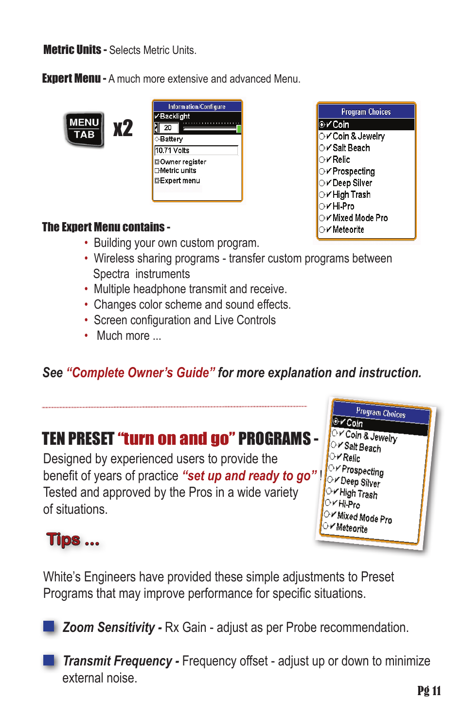 Ten preset “turn on and go” programs, Tips | White’s Electronics Spectra V3 Field Guide User Manual | Page 11 / 12