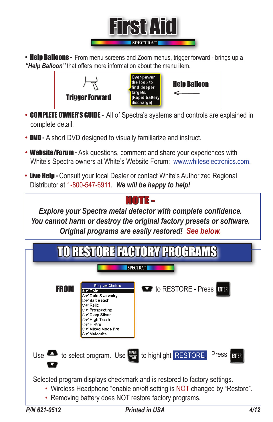 First aid | White’s Electronics Spectra V3 Field Guide User Manual | Page 12 / 12