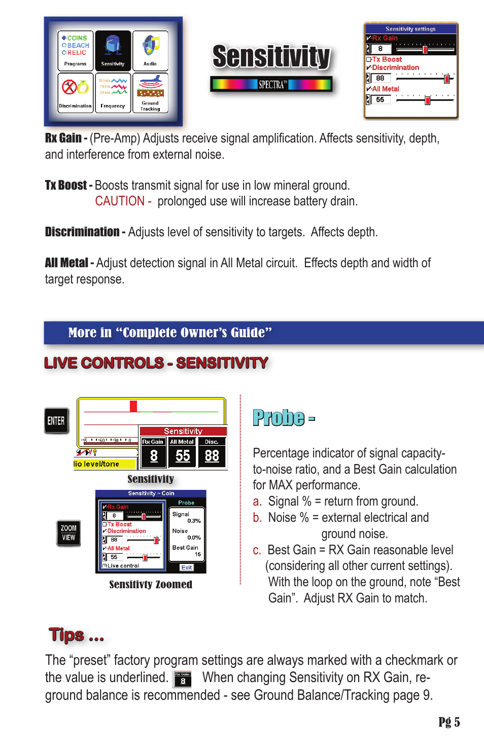 Sensitivity, Probe, Tips | White’s Electronics Spectra V3 Field Guide User Manual | Page 5 / 12