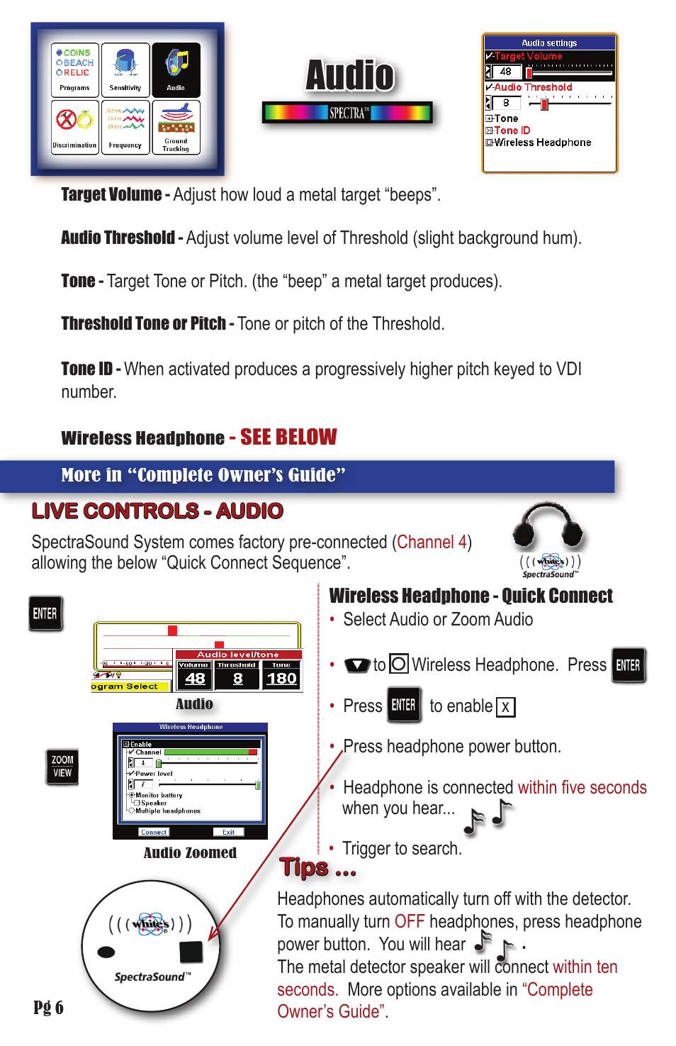 Audio, Tips | White’s Electronics Spectra V3 Field Guide User Manual | Page 6 / 12