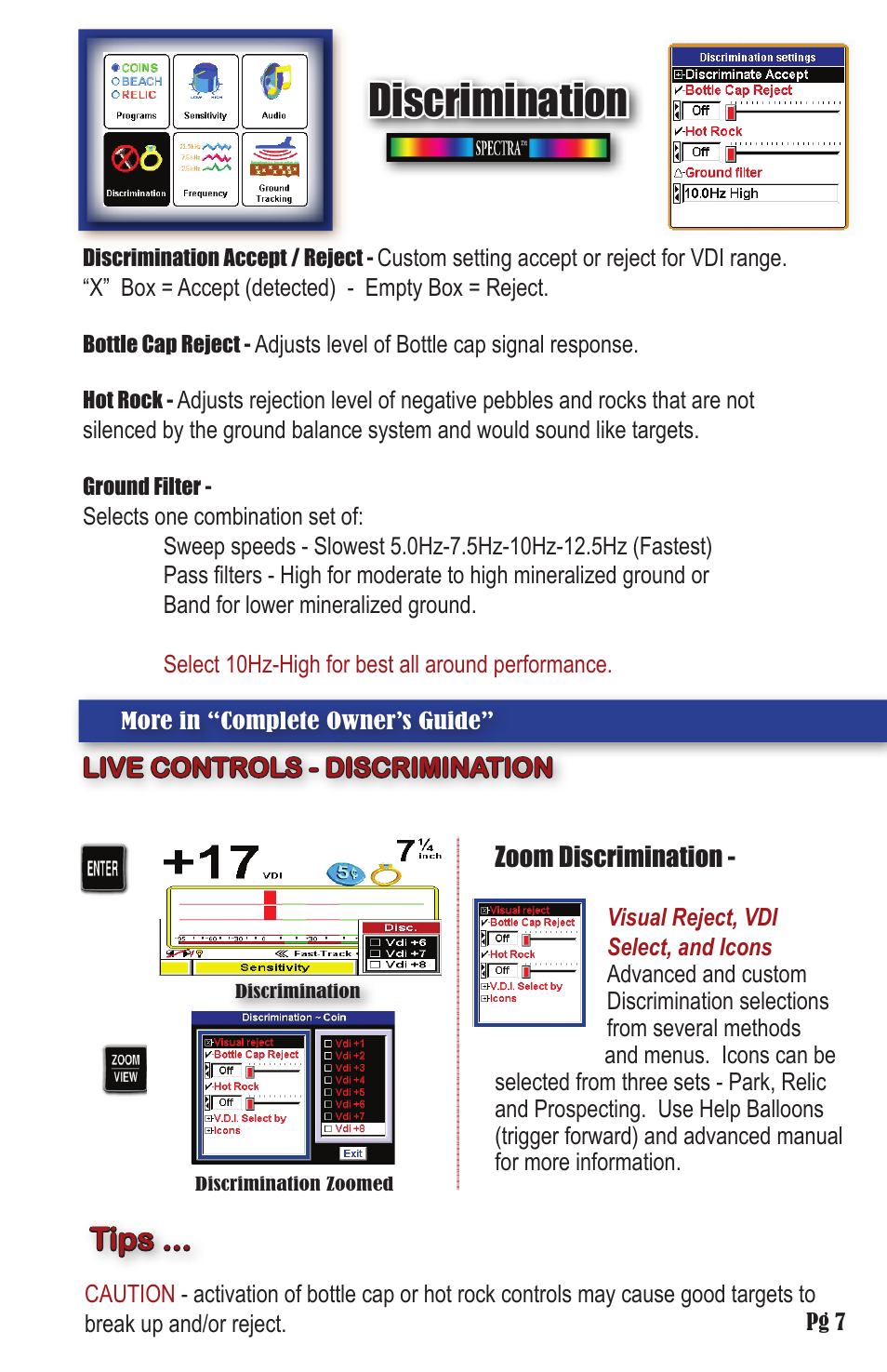 Discrimination, Tips | White’s Electronics Spectra V3 Field Guide User Manual | Page 7 / 12